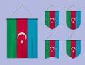Set of hanging flags Azerbaijan with textile texture. Diversity shapes of the national flag country. Vertical template pennant for