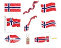 Set of hanging flags of Norway with different textures. Diversity shapes of the national flag country. Diversity shapes Royalty Free Stock Photo