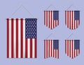 Set of hanging flags USA with textile texture. Diversity shapes of the national flag country. Vertical template pennant for banner