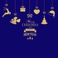 Set of hanging golden Christmas ornaments on dark blue background