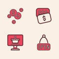 Set Hanging sign with Open, Coin money dollar, New price tag and Shopping cart computer icon. Vector