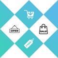 Set Hanging sign with Open door, Price tag Free, Add to Shopping cart and bag Sale icon. Vector Royalty Free Stock Photo