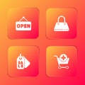 Set Hanging sign with Open, Handbag, Price tag Sale and Add to Shopping cart icon. Vector Royalty Free Stock Photo