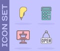 Set Hanging sign with Open, Scanner scanning bar code, Shopping cart on computer and Calculator icon. Vector Royalty Free Stock Photo