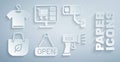 Set Hanging sign with Open, Security camera, Shopping bag recycle, Scanner scanning bar code, cart on computer and T Royalty Free Stock Photo