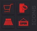 Set Hanging sign with Open, Shopping cart, Percent discount and phone and Skirt icon. Vector