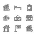 Set Hanging sign with Rent, House check mark, Sale house, contract and dollar symbol icon. Vector