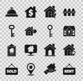 Set Hanging sign with Rent, Location house, House, key, Sale, Hotel service bell and icon. Vector Royalty Free Stock Photo