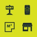 Set Hanging sign with Rent, Market store, House plan and Online real estate house icon. Vector