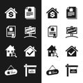 Set Hanging sign with Sold, House contract, dollar, Search house, check mark, For Rent and Sale icon. Vector Royalty Free Stock Photo