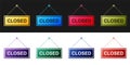 Set Hanging sign with text Closed door icon isolated on black and white background. Vector Royalty Free Stock Photo