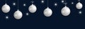 Set hanging silver Christmas balls. Decorative baubles elements on dark blue background for holiday design. Vector Royalty Free Stock Photo