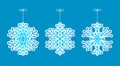 Set of hanging winter origami toy snowflakes. Six pointed fluffy cut out snowflakes of holiday garland decoration. Paper vector on Royalty Free Stock Photo