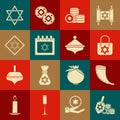 Set Hanukkah dreidel and coin, Traditional ram horn, shofar, Shopping bag with star david, Jewish, calendar, Star David