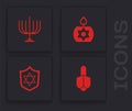 Set Hanukkah dreidel, menorah, Burning candle and Shield with Star of David icon. Vector Royalty Free Stock Photo