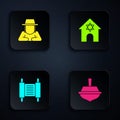 Set Hanukkah dreidel, Orthodox jewish hat, Torah scroll and Jewish synagogue. Black square button. Vector