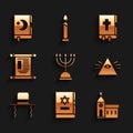 Set Hanukkah menorah, Jewish torah book, Church building, Masons, Orthodox jewish hat with sidelocks, Decree, paper