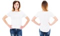 Set happy asian woman pointing with on her blank white t-shirt while standing isolated, korean girl Royalty Free Stock Photo