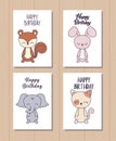 set of happy birthday cards with cute animals Royalty Free Stock Photo