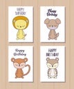 set of happy birthday cards with cute animals Royalty Free Stock Photo