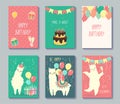 Set of happy birthday cards design. Greeting cards with cute llamas. Vector illustration.