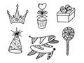 Set of Happy Birthday doodles. Sketch of party decoration, gift box, cake, party hats. Hand drawn vector illustration