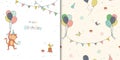 Set of happy birthday greeting card and seamless pattern,hand drawn cute monkey,balloons,bunting with confetti for decorative