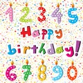 Set of Happy Birthday numbers from candles on white background with colorful confetti