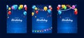 Set of Happy Birthday Vertical Poster with Colorful Balloons , Confetti and Streamers on Dark Background Royalty Free Stock Photo