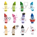 Set of happy cartoon crayon colors mascot characters in different poses and emotions Royalty Free Stock Photo