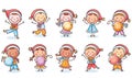 Set of happy cartoon kids in Santa hats and with Christmas ornaments