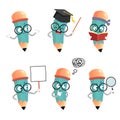 Set of happy cartoon pencil mascot characters in different poses and emotions