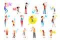 Set of Happy Children Blowing and Playing Soap Bubbles Cartoon Vector Illustration Royalty Free Stock Photo