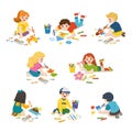 Happy Children draw pictures and paints on floor. Royalty Free Stock Photo