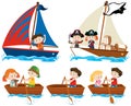 Set of happy children sailing boats on white background