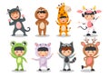 Set of happy children is wearing animal costumes . Cat Sloth bear Giraffe Cow Frog Hippopotamus Raccoon Deer . Flat cartoon Royalty Free Stock Photo