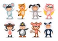 Set of happy children is wearing animal costumes . Koala bear Tiger Dog Owl Sheep Penguin Monkey Panda . Flat cartoon characters