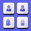 Set Happy customer, Angry, Price tag with dollar and POS terminal icon. White square button. Vector