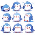 set of happy cute baby blue penguin