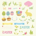 Set of Happy Easter design elements eggs, ribbons, frames, floral.