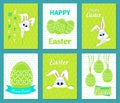 Set of Happy Easter greeting cards. White cute Easter Bunny peeking out of a hole, ribbon, eggs, congratulations, smiling rabbits.