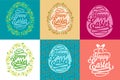 Set of Happy Easter greetings card calligraphic lettering with egg and floral wreath