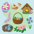 set of happy easter holiday with elements of egg, bird, chick, nest and flowers Royalty Free Stock Photo