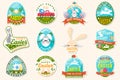Set of happy easter holidays sticker, patch. Vector. Typography design with retro pickup truck, easter rabbit and