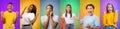 Set of happy emotional diverse people men and women clenching fists, celebrating success on gradient backgrounds Royalty Free Stock Photo