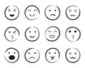 Set of happy face hand drawn style. Sketch smiley, sad, angry face doodle icon. Emoji emoticon for social media. Cartoon people