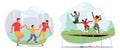 Set Happy Family Activities, Mother, Father And Child Run Holding Hands, Walking, Kids Jumping On Trampoline