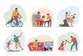 Set of Happy Family Characters Dad and Little Son Spend Time Together Building Bird House, Riding Bicycle, Playing