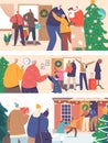 Set Happy Family Characters Meeting for Christmas Holidays. Parents with Children Visit Grandparents at Home