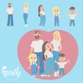 A happy family. Father, mother, son and 2 daughters together. Vector illustration flat design